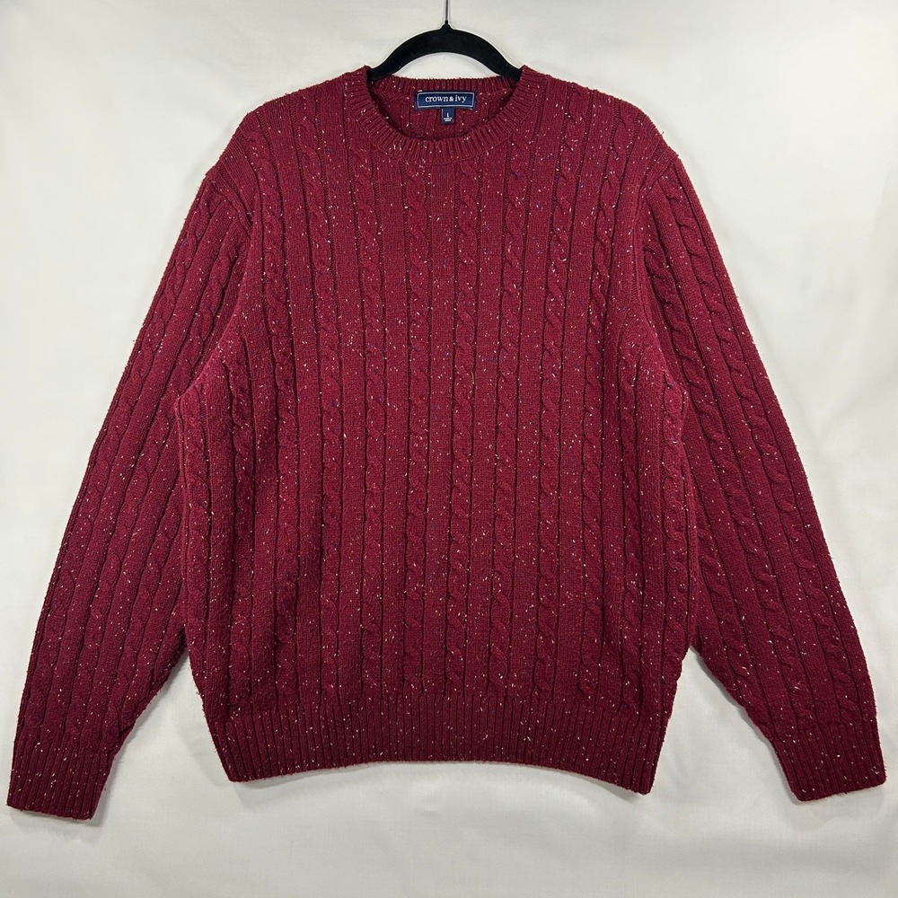 Crown & Ivy Burgundy Donegal Cable Knit Sweater – Crewneck Pullover (Size L)